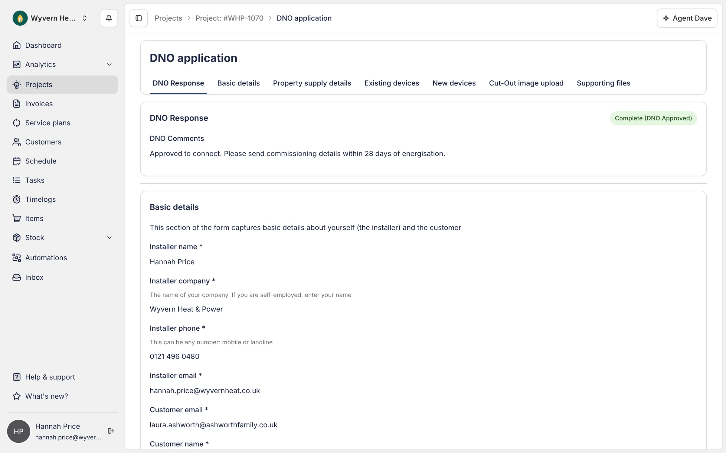 The project in Payaca with its DNO application marked approved, on a demo account