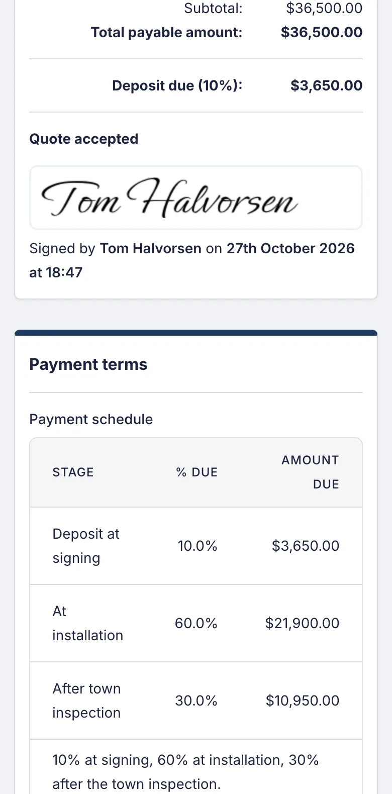 A Quarry Ridge Solar & Storage proposal on a phone after the homeowner accepted it online, with the summary, the deposit due, the homeowner's signature and the payment schedule