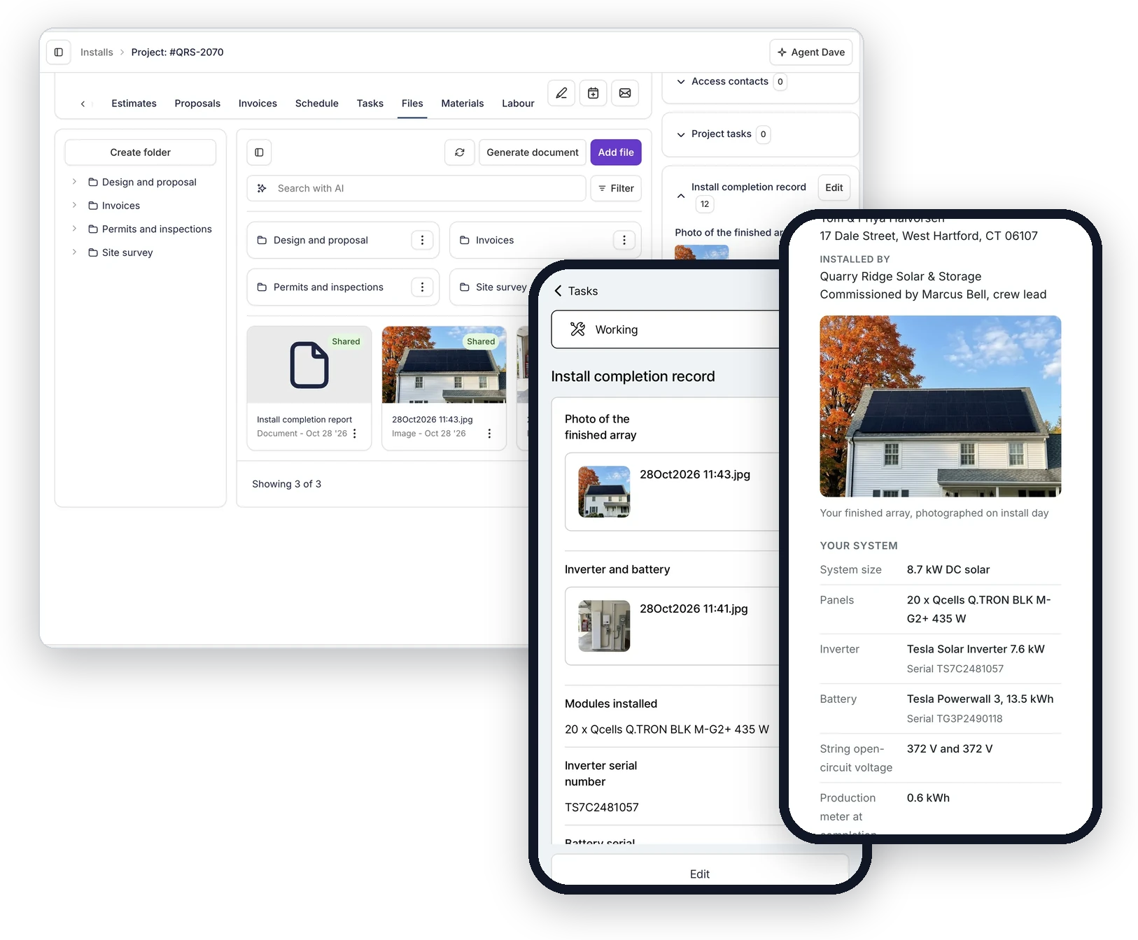 One Payaca job three ways: the project's files on the desktop, sorted into folders for design and proposal, invoices, permits and inspections and site survey, the engineer's install completion record with photos in the field app, and the homeowner's install completion report in their portal
