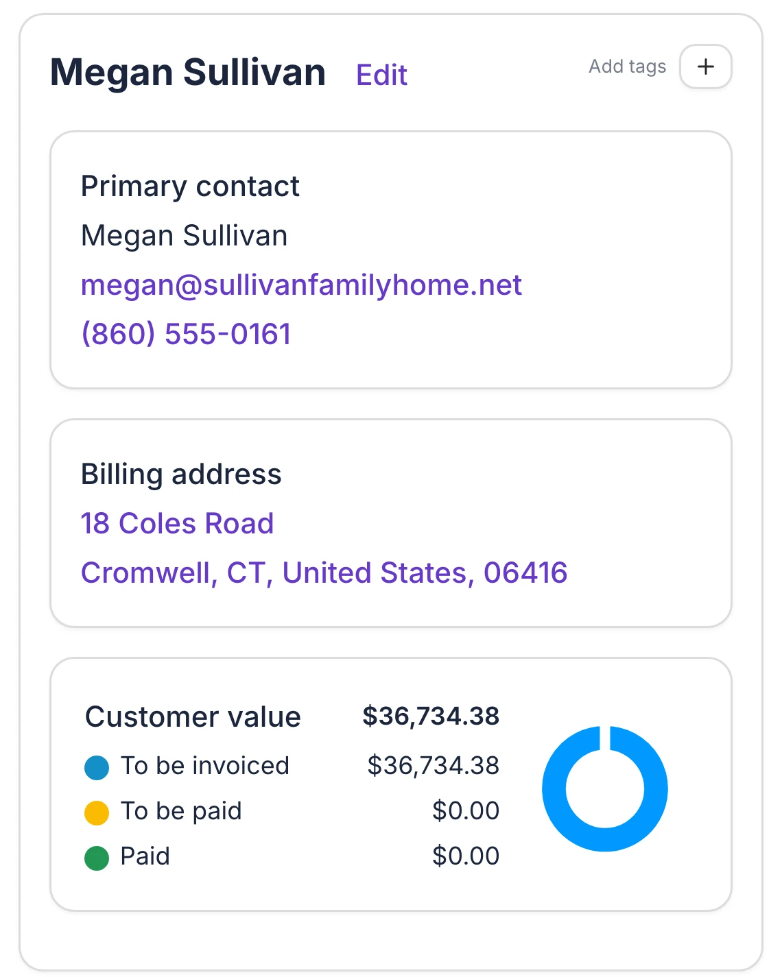 A customer record in Payaca on a phone for Megan Sullivan in Cromwell, Connecticut, with her contact details, billing address and customer value in dollars split into to be invoiced, to be paid and paid
