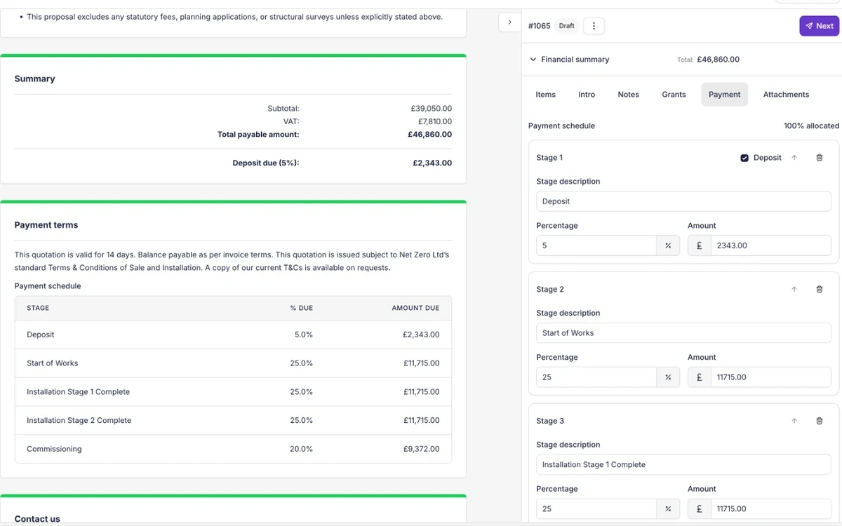 Commercial solar proposal with a five-stage payment schedule from a 5% deposit through installation stages to commissioning