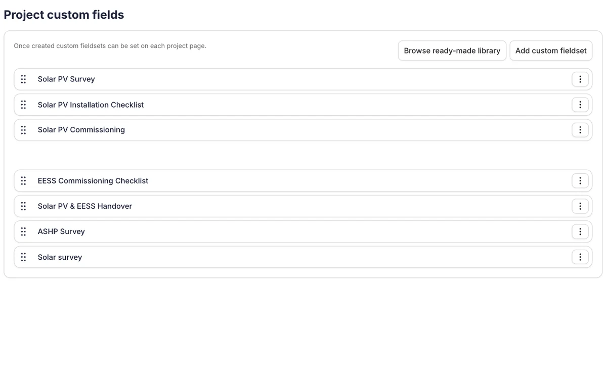 The Project custom fields settings in Payaca, listing solar PV, battery and heat pump survey, commissioning and handover fieldsets, with buttons to browse the ready-made library or add a fieldset