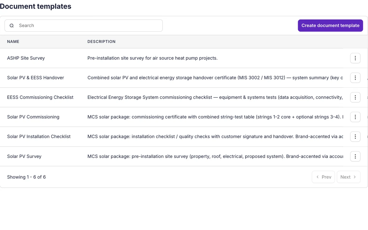 The Document templates list in Payaca, with solar PV survey, installation checklist, commissioning, battery commissioning, handover and heat pump site survey templates