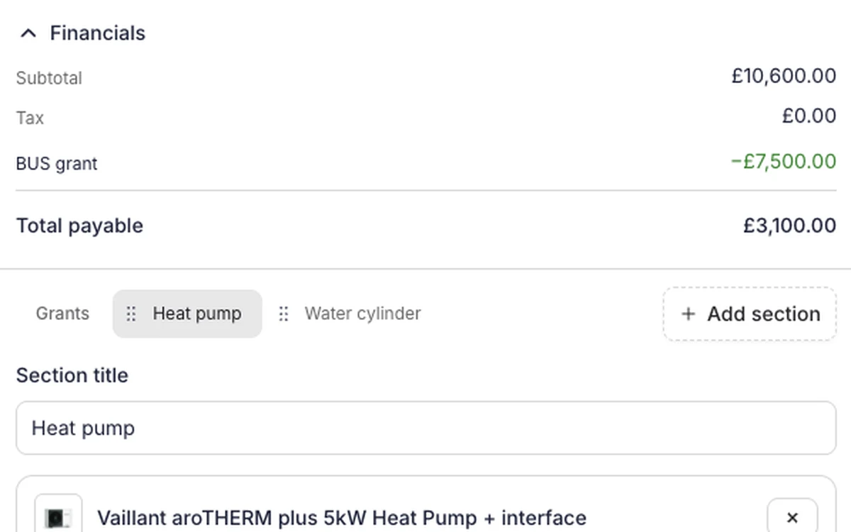 The Flow estimate builder in Payaca, with a 拢7,500 Boiler Upgrade Scheme grant taken off the subtotal and the heat pump section open