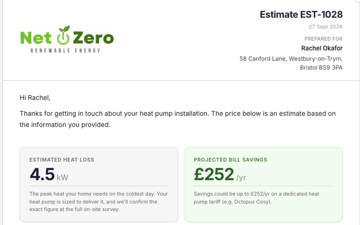 A Flow heat pump estimate as the customer sees it, with the estimated heat loss of 4.5 kW and projected bill savings of 拢252 a year at the top