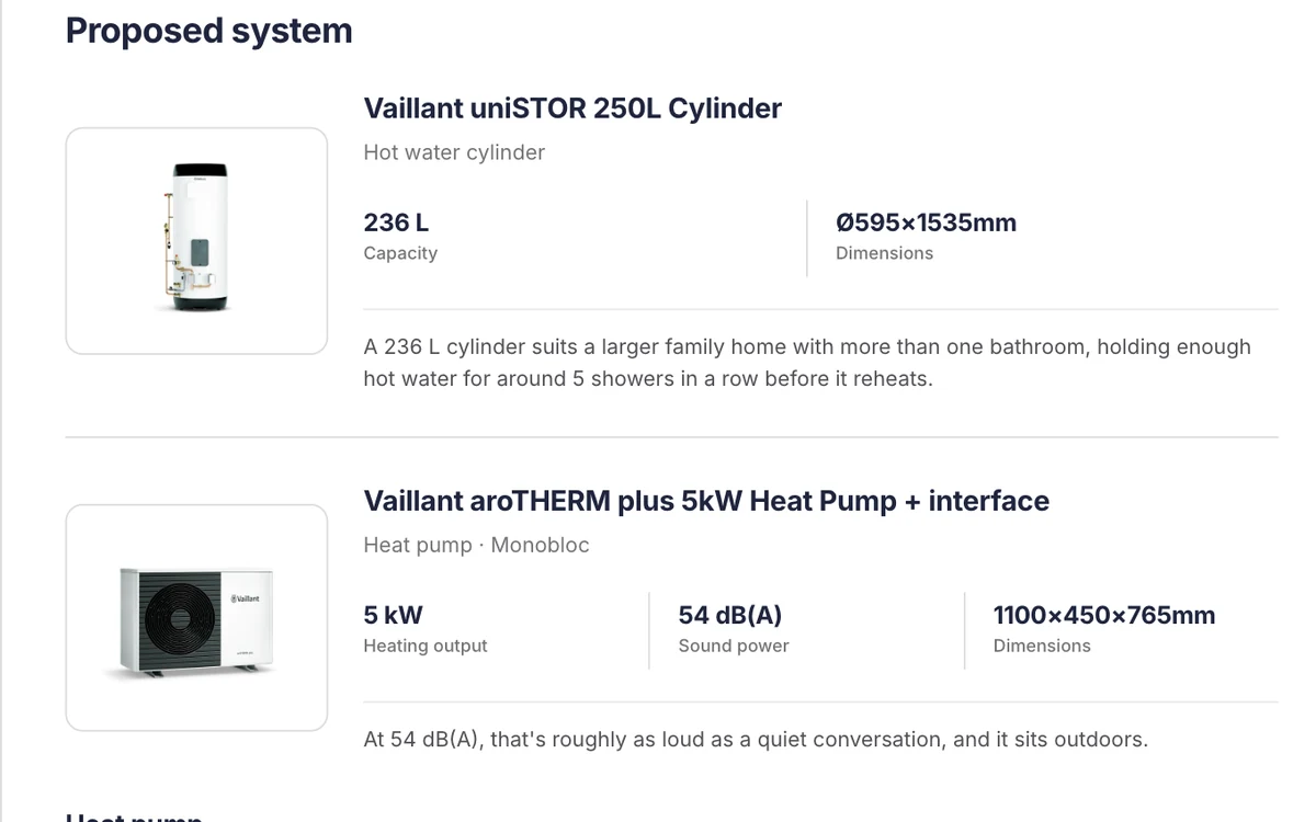 The proposed system on a Flow heat pump estimate, a 5 kW Vaillant aroTHERM plus monobloc heat pump and a 250 litre uniSTOR cylinder, each with its photo and key specs