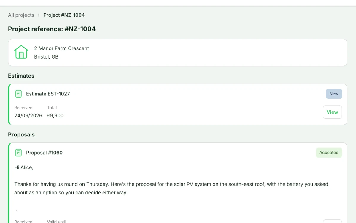 The Payaca customer portal under the installer's brand, showing a project's estimate and accepted proposal