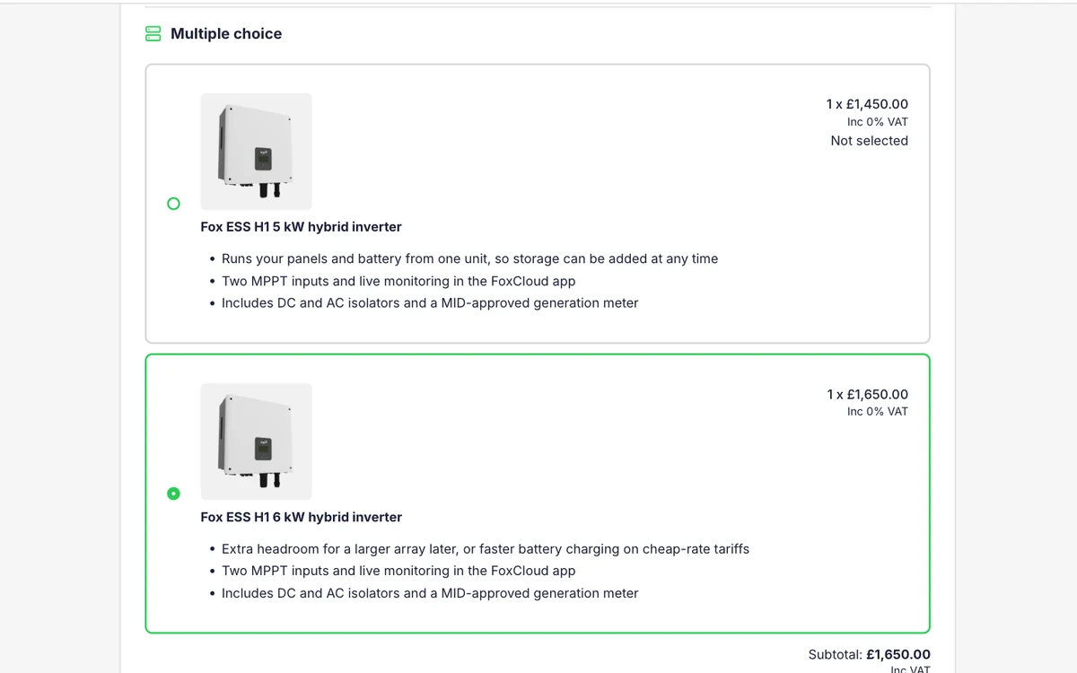 A multiple choice group on a Payaca proposal, offering the customer a 5 kW or 6 kW Fox ESS hybrid inverter with the 6 kW option selected