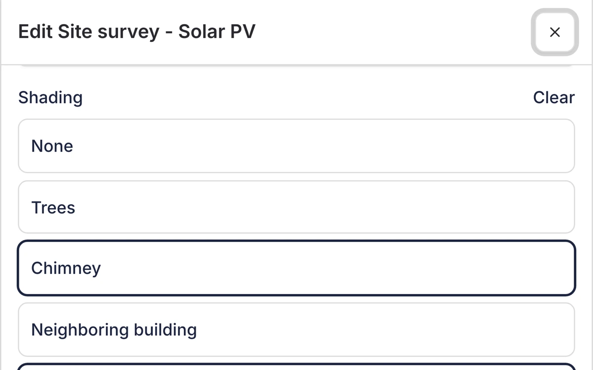 The Site survey - Solar PV custom fieldset being filled in on a Payaca project, with the Shading question shown as buttons and Chimney selected