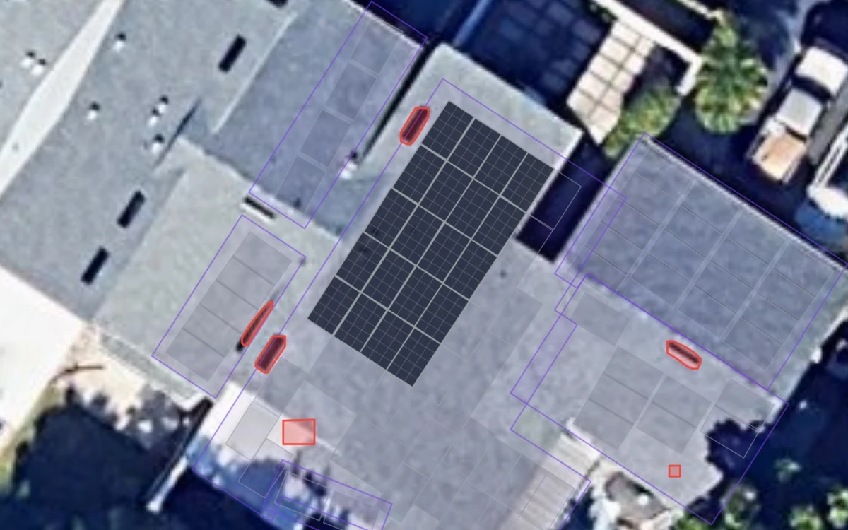 A Florida home in Glow with a 20-panel array laid out in four rows on the south-east roof face, the other faces outlined and the roof vents marked in red