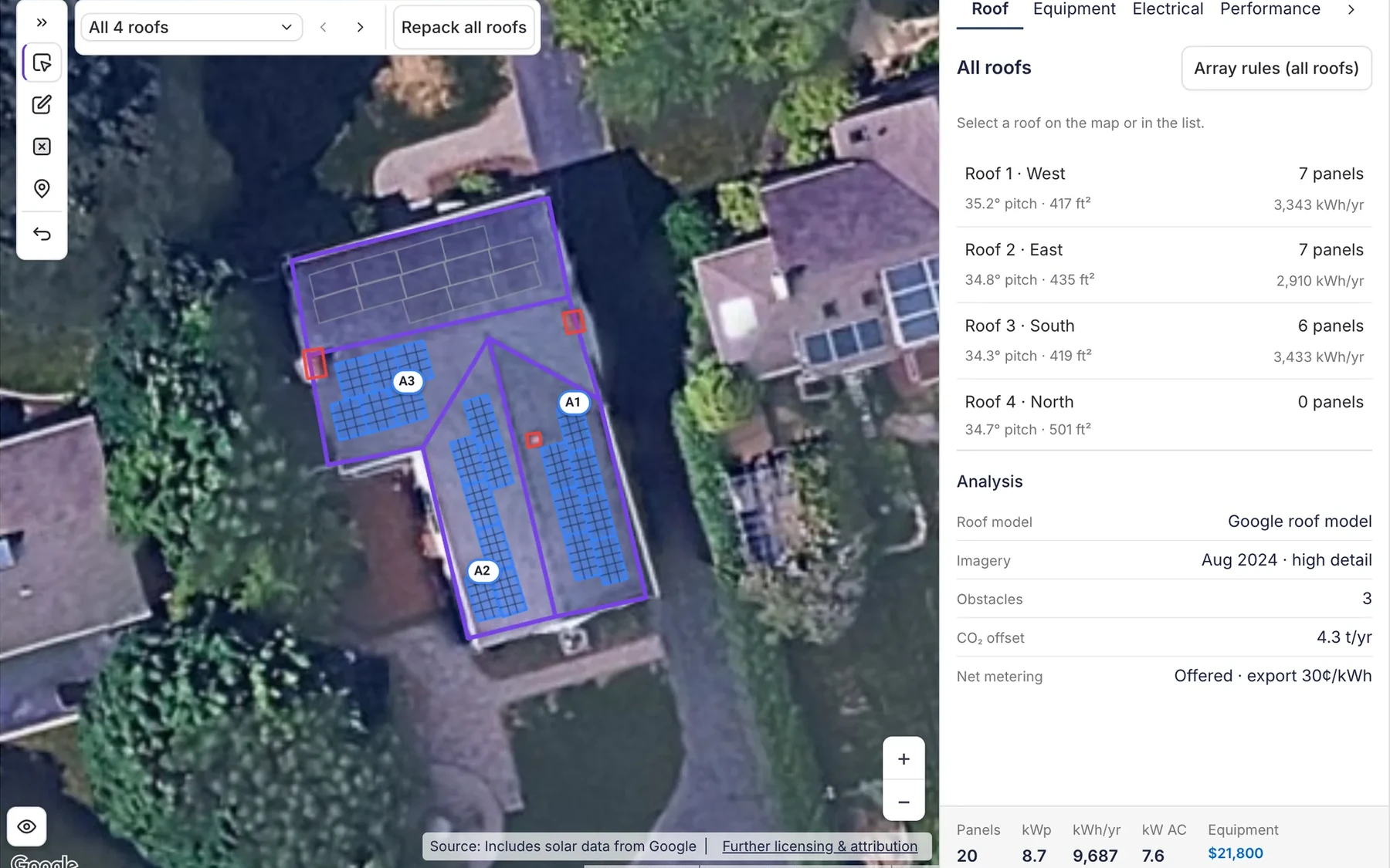 A house in Glow with 20 panels laid out on three roof faces in three strings, the roof vents marked in red and the yield for each roof face listed beside the map