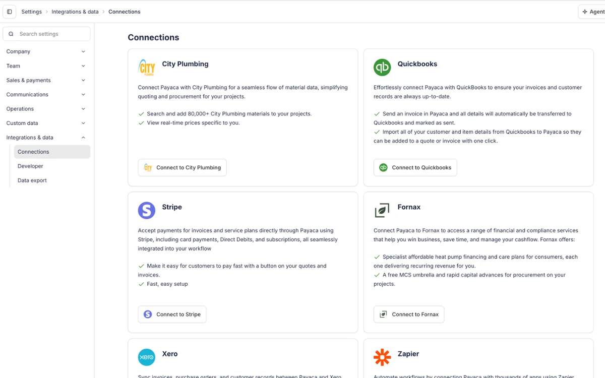 Connections settings with QuickBooks, Stripe, Xero and Zapier ready to connect