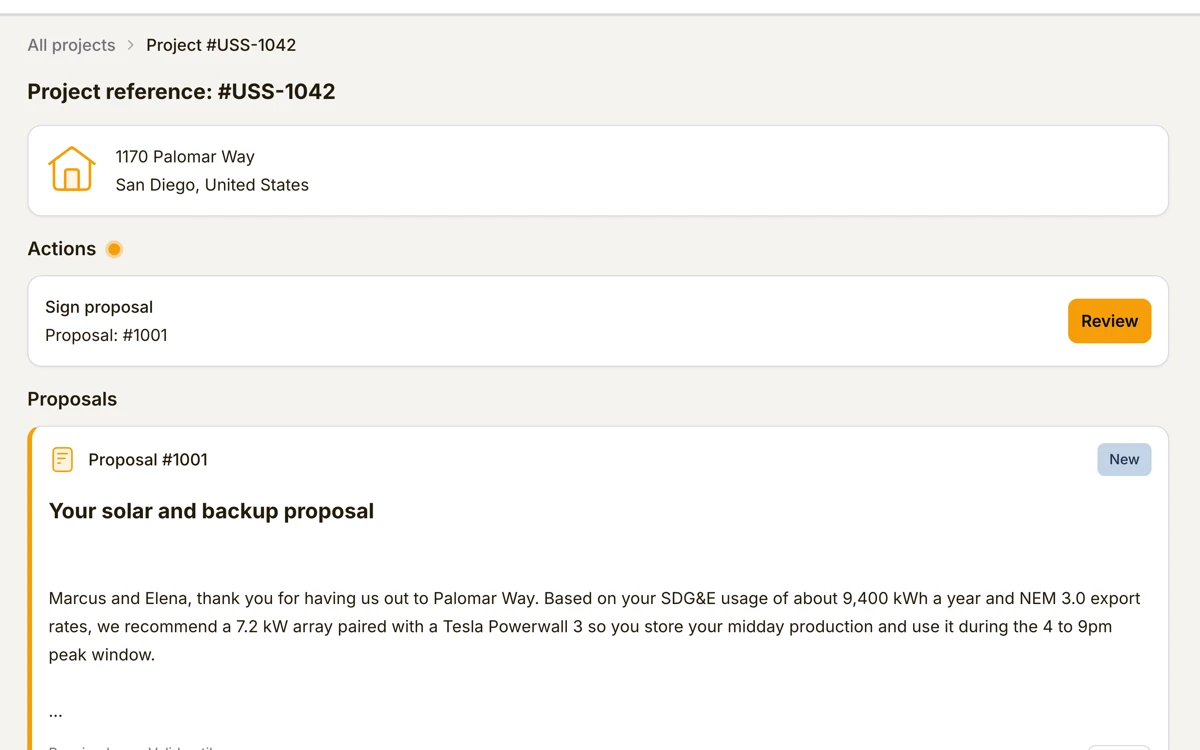 The Payaca customer portal under the installer's brand, showing a San Diego project with a solar and battery proposal waiting for the customer to review and sign