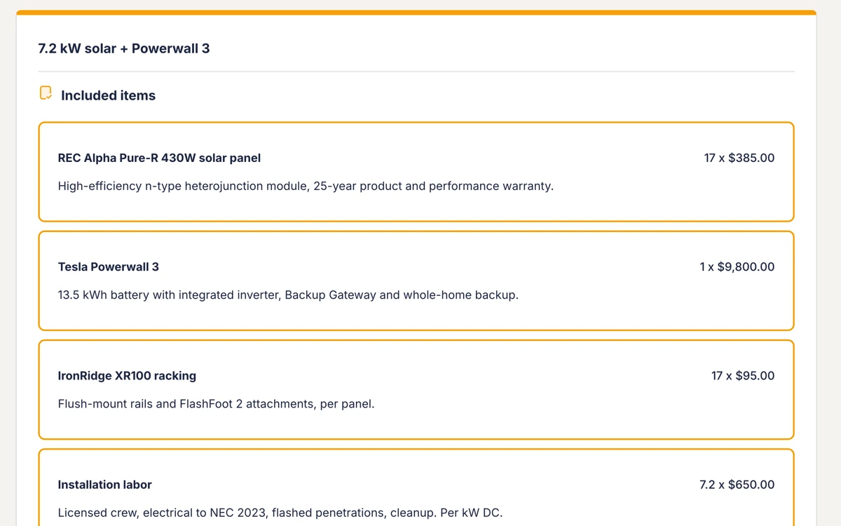 A Payaca proposal as the customer sees it, a 7.2 kW solar and Powerwall 3 package listing each included item with its description, quantity and price, from REC Alpha Pure-R 430W panels and a Tesla Powerwall 3 to IronRidge XR100 racking and installation labor