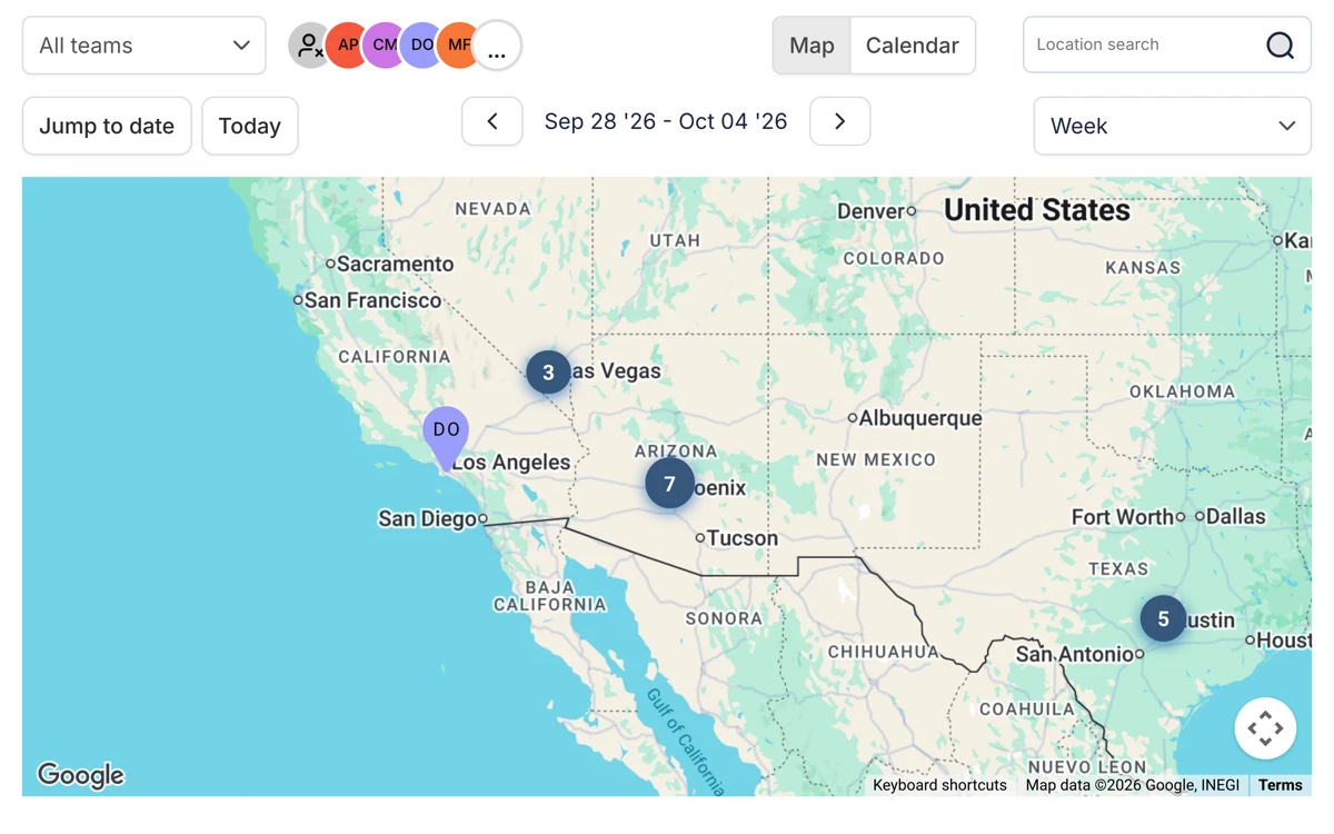 The Payaca schedule in Map view for a week, with jobs grouped into numbered pins around Las Vegas, Phoenix and Austin, a job pin marked with its assignee's initials near Los Angeles, and the team filter and Map and Calendar toggle above