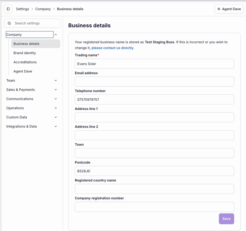 Searching through Company Settings using the sidebar search