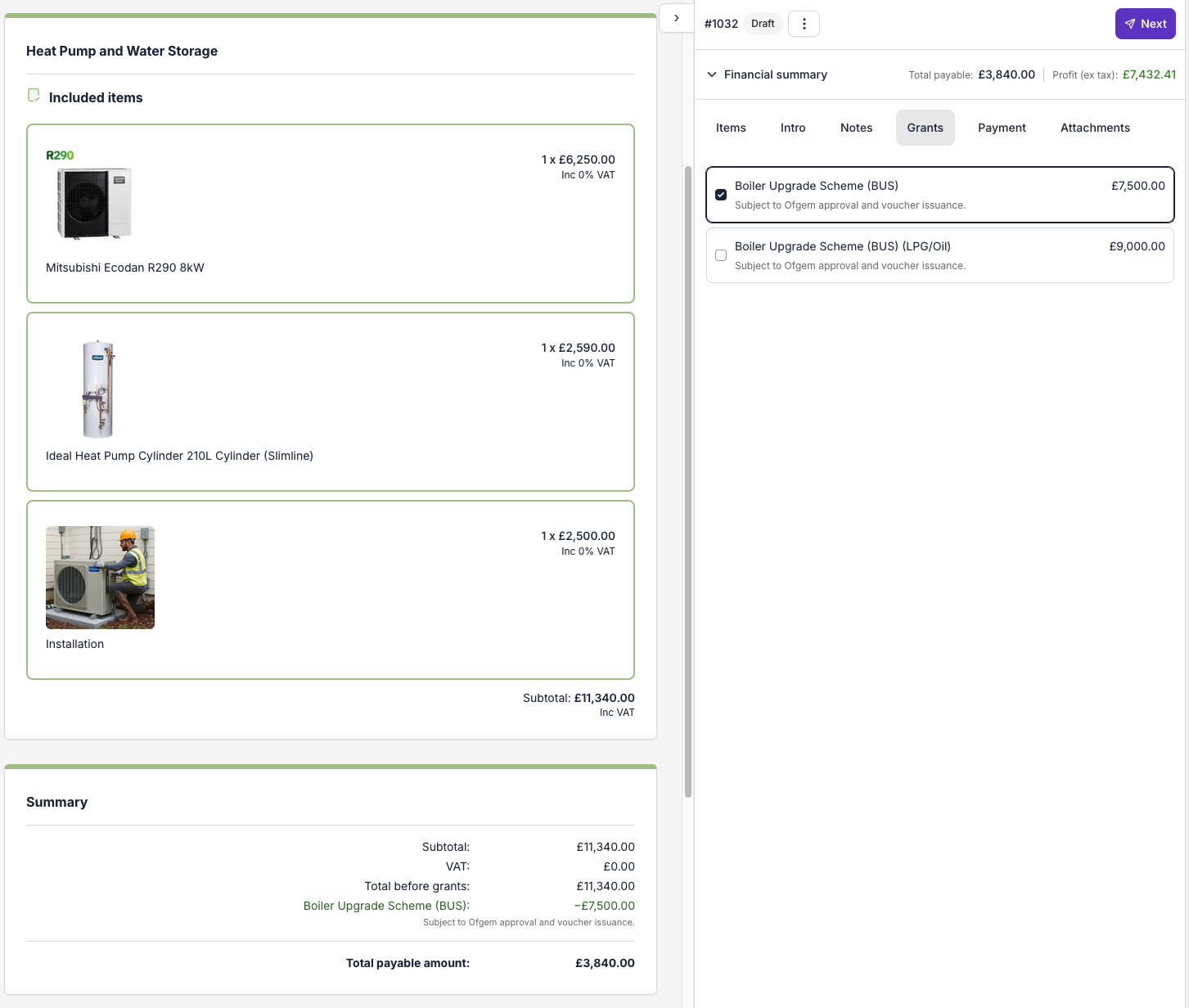 The proposal builder with the Boiler Upgrade Scheme grant selected, and the proposal summary showing the £7,500 grant deducted from the total