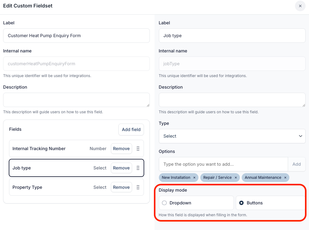 Select field display setting showing Dropdown and Buttons options