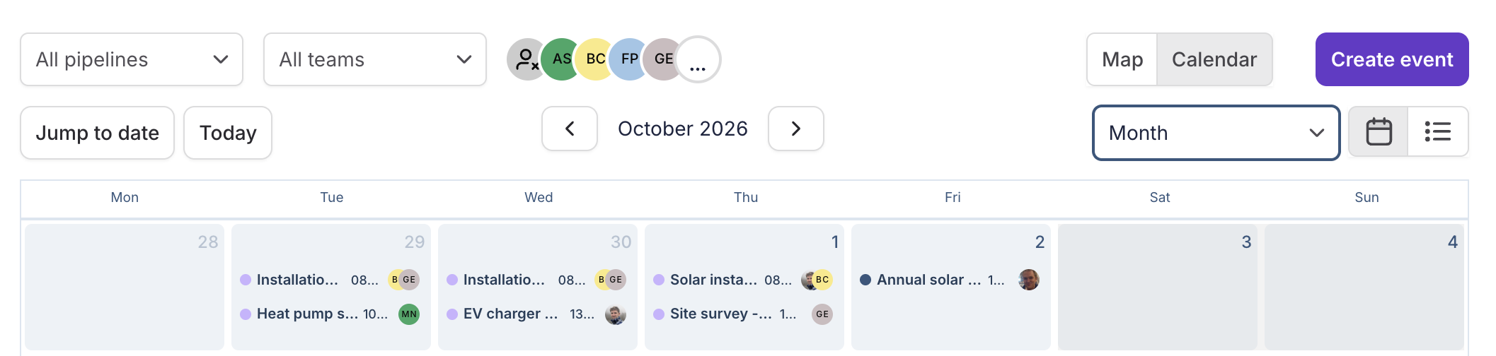 The pipeline filter at the top of the schedule, next to the team filter, set to all pipelines
