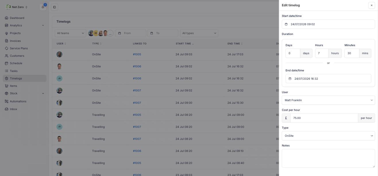 Editing a Timelog in a side panel over the Timelogs list, adjusting its duration, user, cost and type